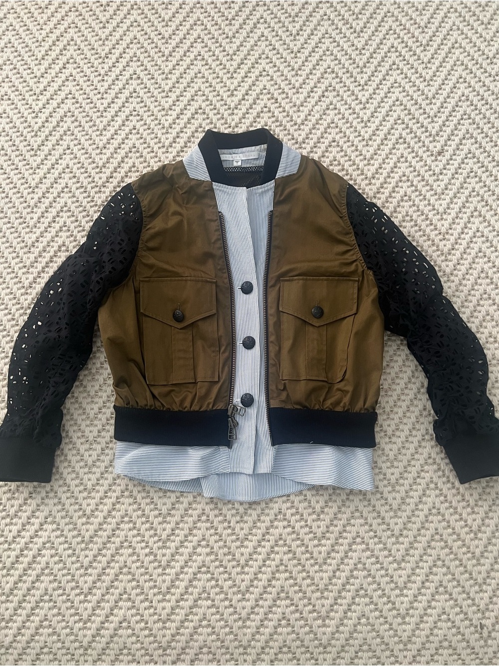 Veronica Beard Olive & Black Bomber Jacket with Eyelet Sleeves and Layered Shirt